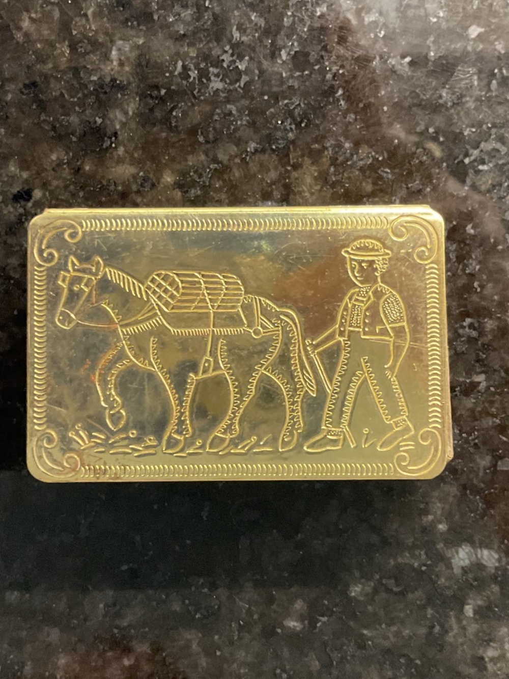 Brass Matchbox Holder Farmhouse Scene